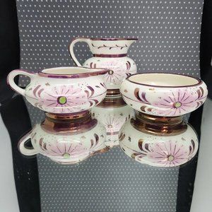 OLS1 by Old Castle Lusterware Creamer and Sugar Set, Purple and Pink, England